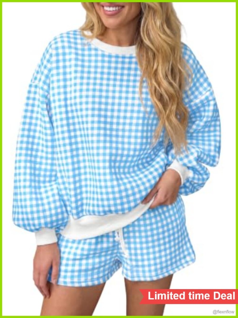 Womens Gingham 2 Piece Lounge Set Sweatshirt & High Waist Shorts